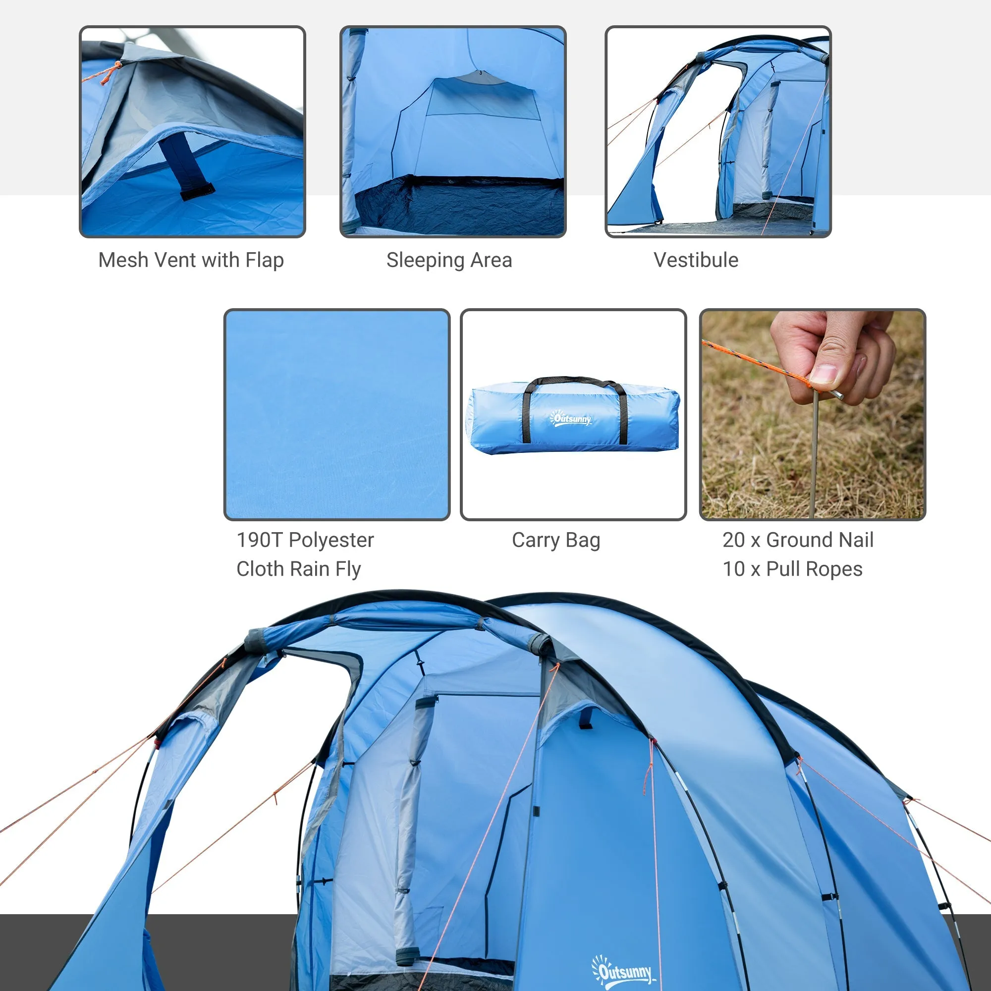 2-3 Man Tunnel TentsWith Vestibule Camping Tent Porch Air Vents Rainfly Weather-Resistant Shelter Fishing Hiking Festival Shelter Home