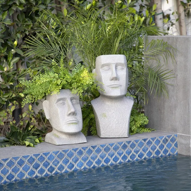 20" Moai Bust Polyresin Planter - Gray