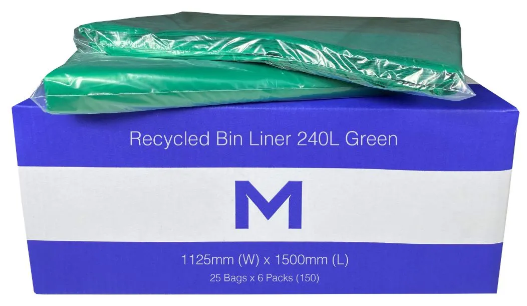 240L Green Recycled Bin Liners x 150's pack (1125 x 1500mm x 30mu)