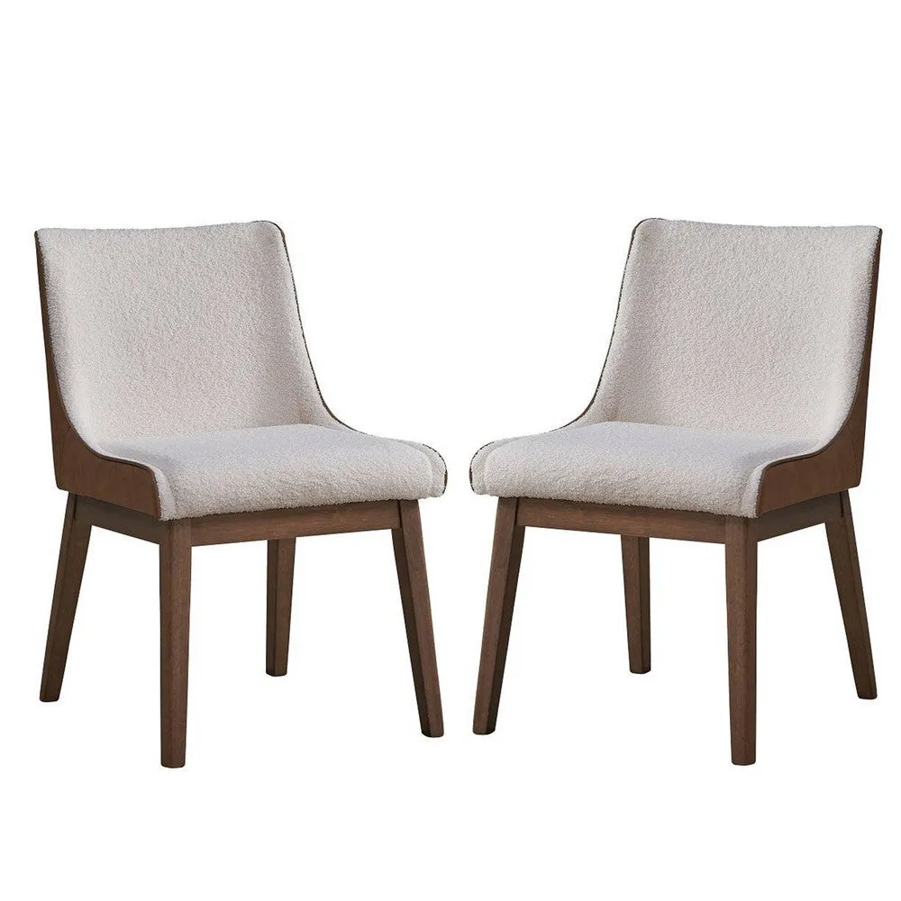 25 Inch Side Dining Chair Set of 2, Wingback, White Boucle, Walnut Brown By Casagear Home