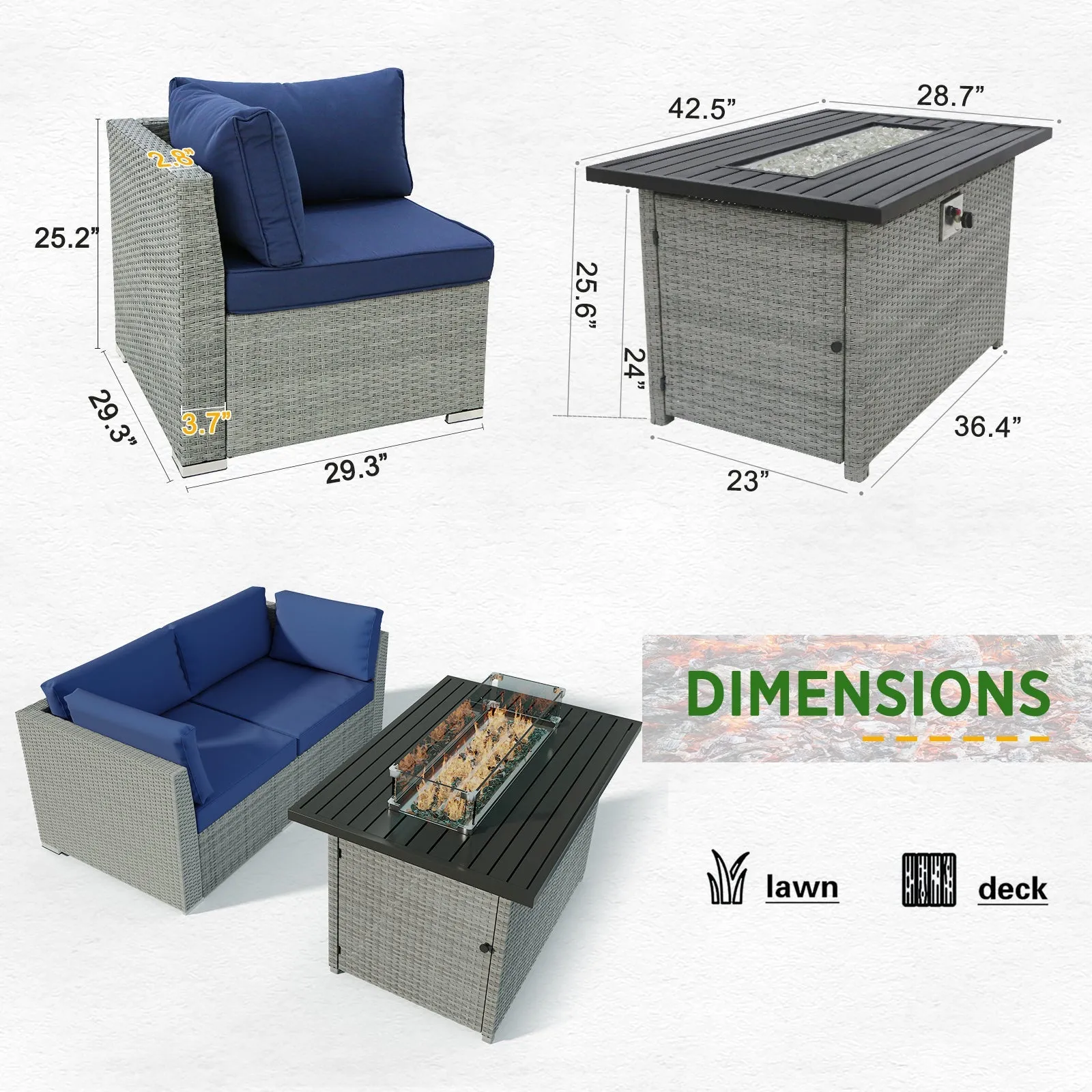 3 Piece Outdoor Wicker Loveseat, Outdoor Patio Sofa Corner Chairs with Removable Cushions and Fire Table, Sectional Wicker Sofa