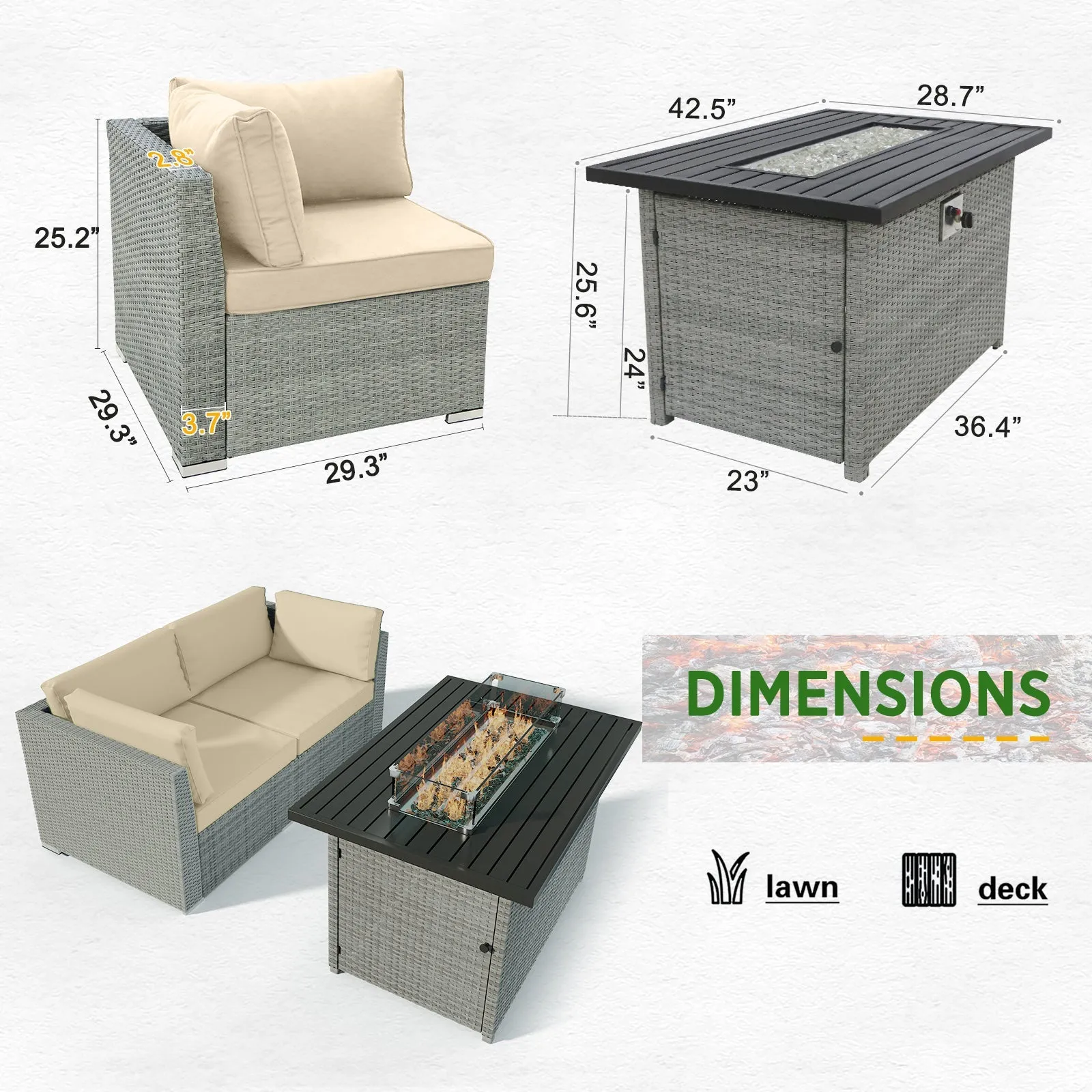 3 Piece Outdoor Wicker Loveseat, Outdoor Patio Sofa Corner Chairs with Removable Cushions and Fire Table, Sectional Wicker Sofa