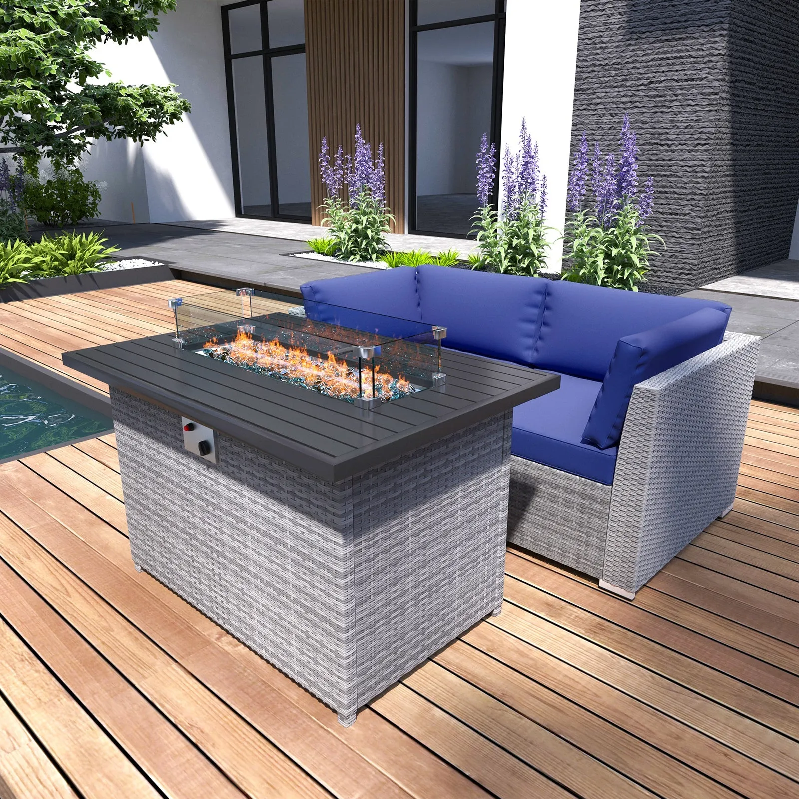 3 Piece Outdoor Wicker Loveseat, Outdoor Patio Sofa Corner Chairs with Removable Cushions and Fire Table, Sectional Wicker Sofa