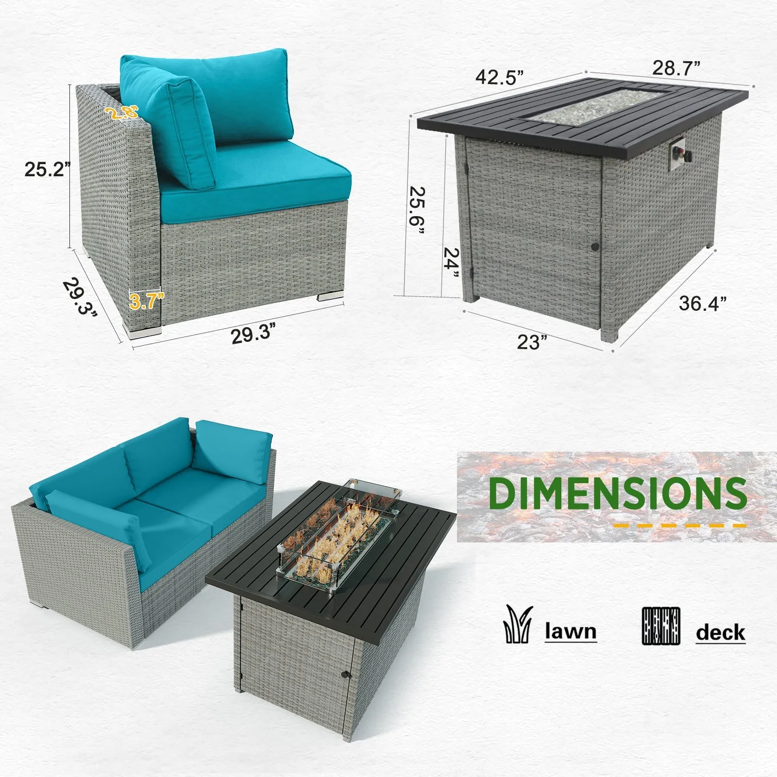 3 Piece Outdoor Wicker Loveseat, Outdoor Patio Sofa Corner Chairs with Removable Cushions and Fire Table, Sectional Wicker Sofa