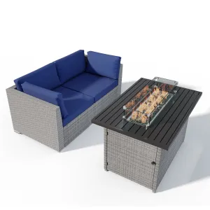 3 Piece Outdoor Wicker Loveseat, Outdoor Patio Sofa Corner Chairs with Removable Cushions and Fire Table, Sectional Wicker Sofa