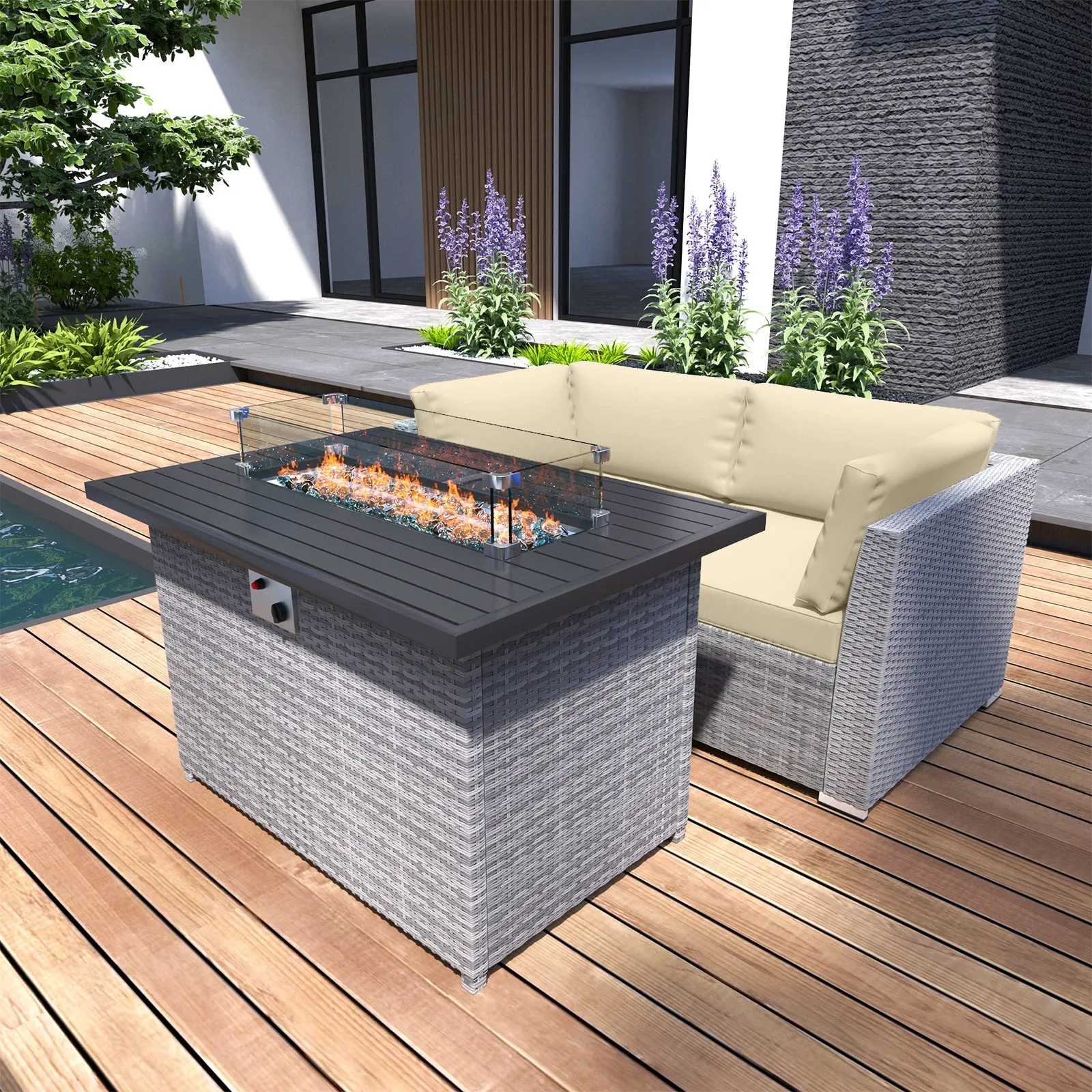 3 Piece Outdoor Wicker Loveseat, Outdoor Patio Sofa Corner Chairs with Removable Cushions and Fire Table, Sectional Wicker Sofa