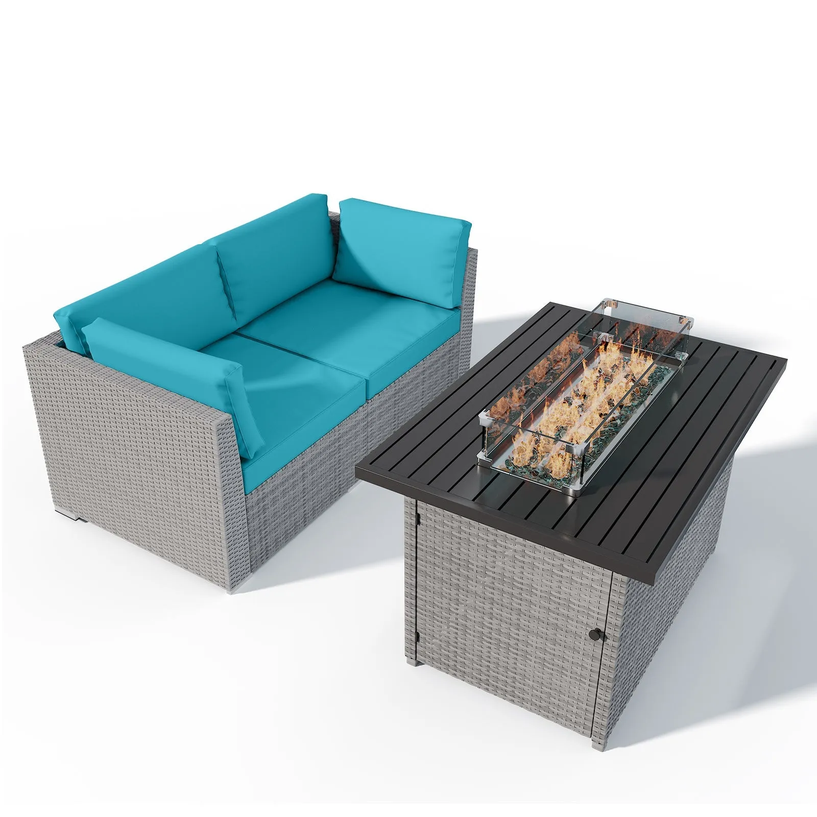 3 Piece Outdoor Wicker Loveseat, Outdoor Patio Sofa Corner Chairs with Removable Cushions and Fire Table, Sectional Wicker Sofa
