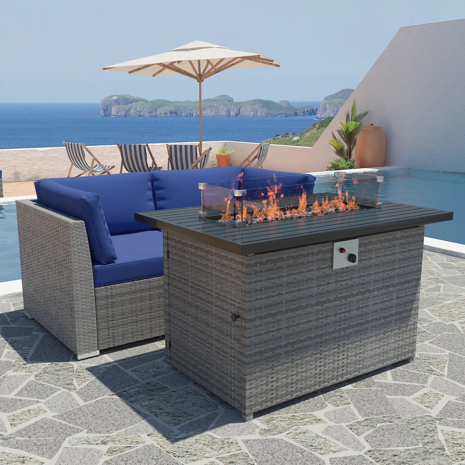 3 Piece Outdoor Wicker Loveseat, Outdoor Patio Sofa Corner Chairs with Removable Cushions and Fire Table, Sectional Wicker Sofa