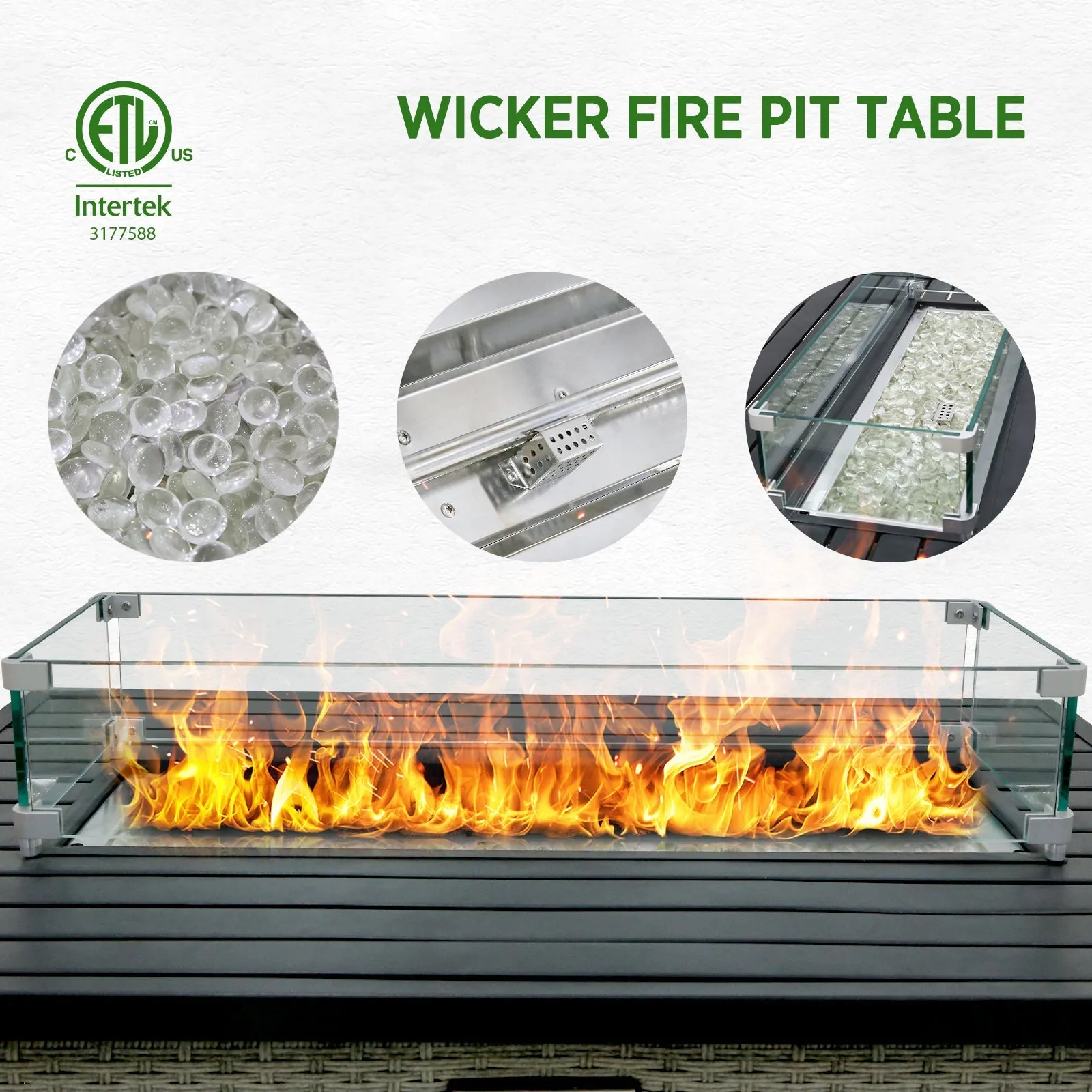 3 Piece Outdoor Wicker Loveseat, Outdoor Patio Sofa Corner Chairs with Removable Cushions and Fire Table, Sectional Wicker Sofa
