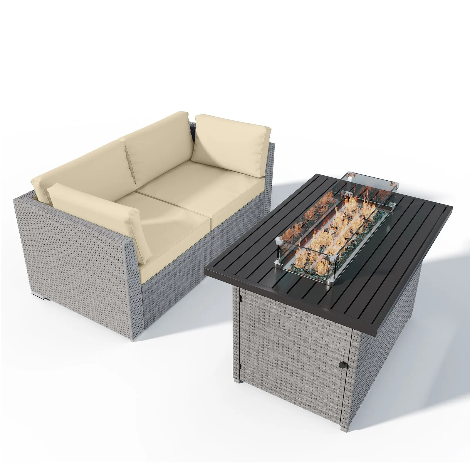 3 Piece Outdoor Wicker Loveseat, Outdoor Patio Sofa Corner Chairs with Removable Cushions and Fire Table, Sectional Wicker Sofa