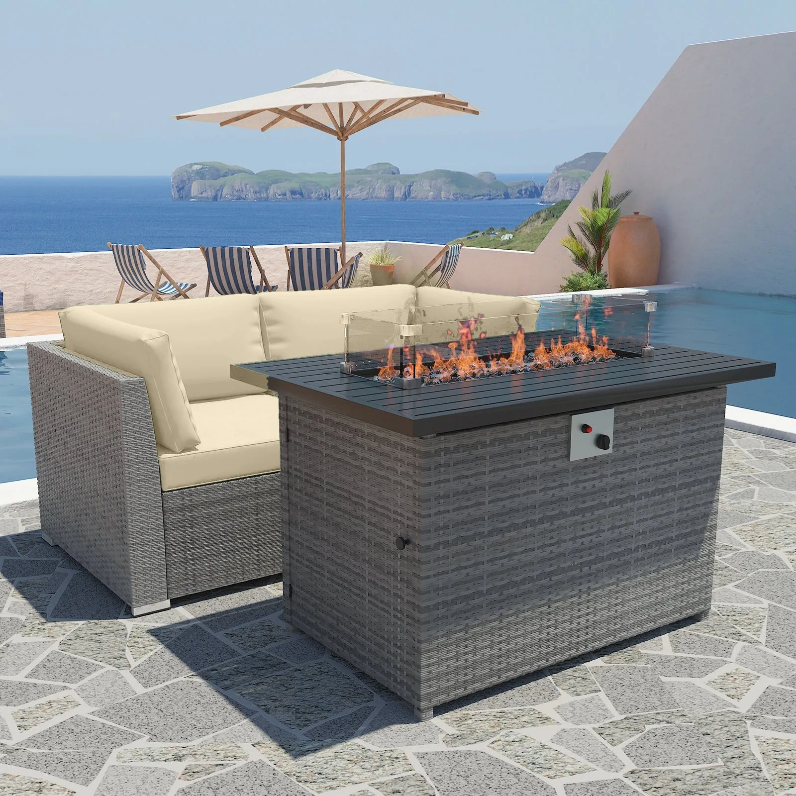 3 Piece Outdoor Wicker Loveseat, Outdoor Patio Sofa Corner Chairs with Removable Cushions and Fire Table, Sectional Wicker Sofa
