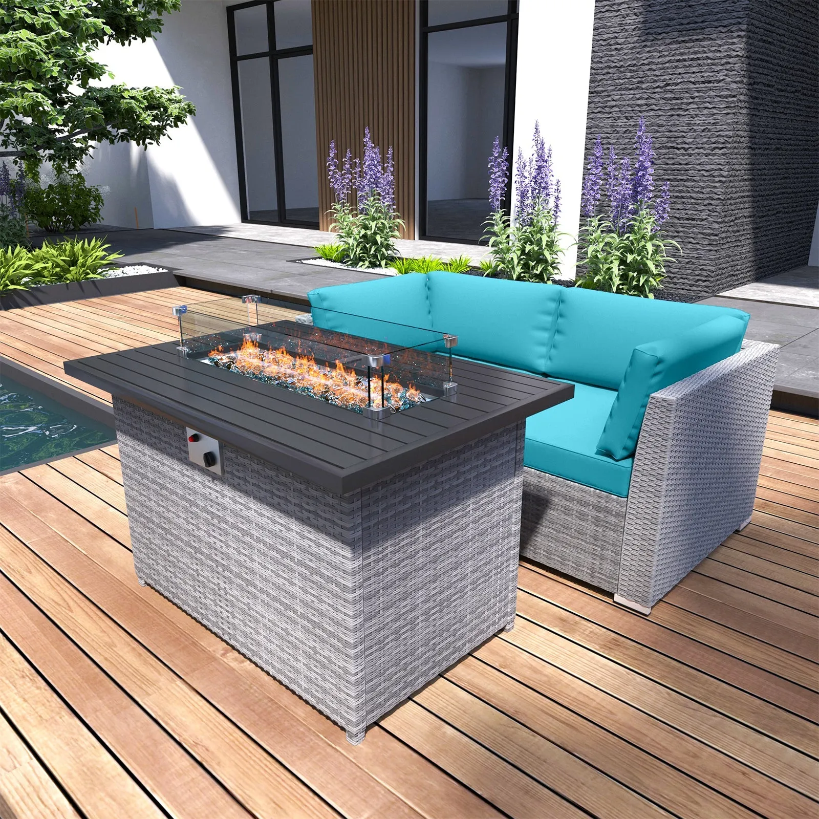 3 Piece Outdoor Wicker Loveseat, Outdoor Patio Sofa Corner Chairs with Removable Cushions and Fire Table, Sectional Wicker Sofa
