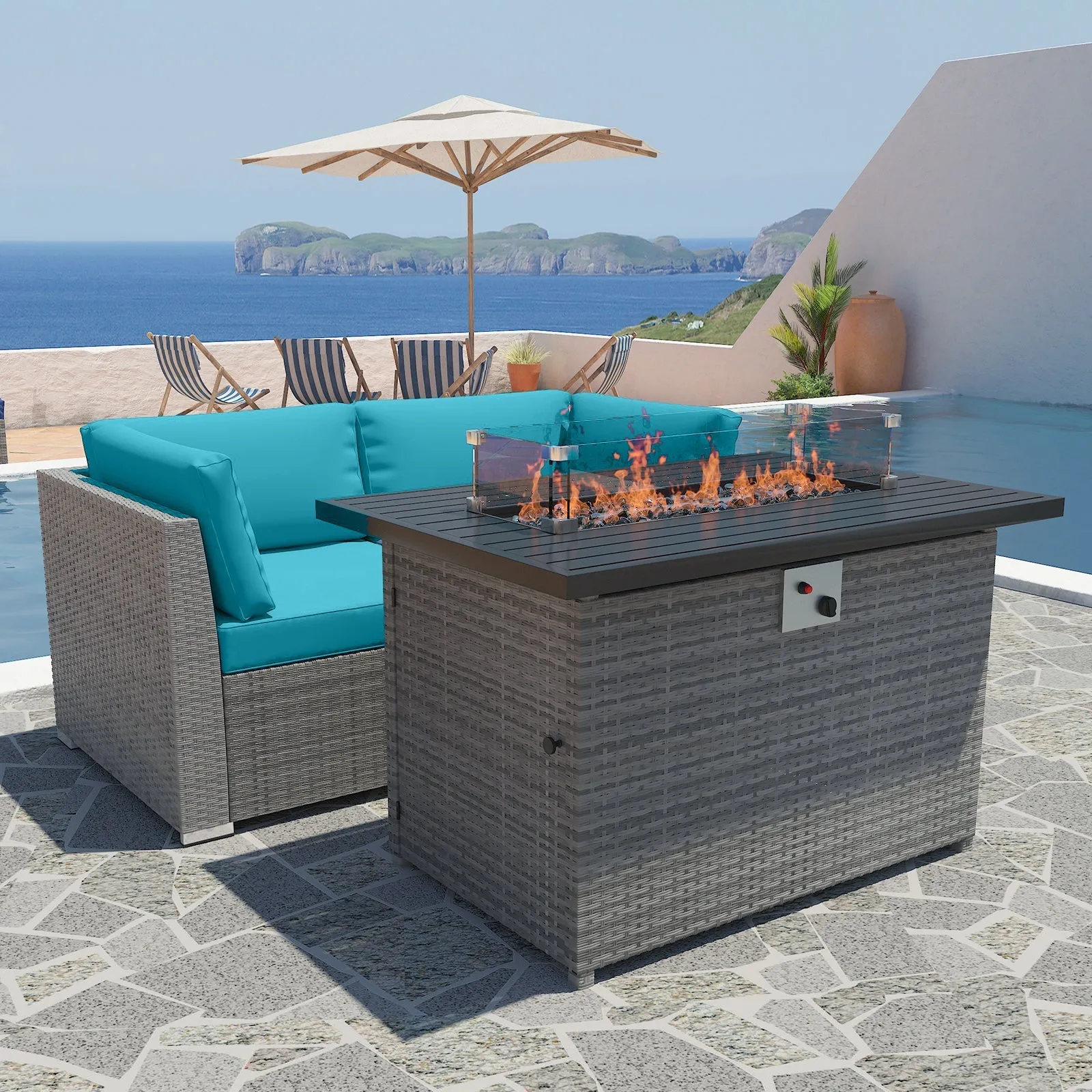 3 Piece Outdoor Wicker Loveseat, Outdoor Patio Sofa Corner Chairs with Removable Cushions and Fire Table, Sectional Wicker Sofa