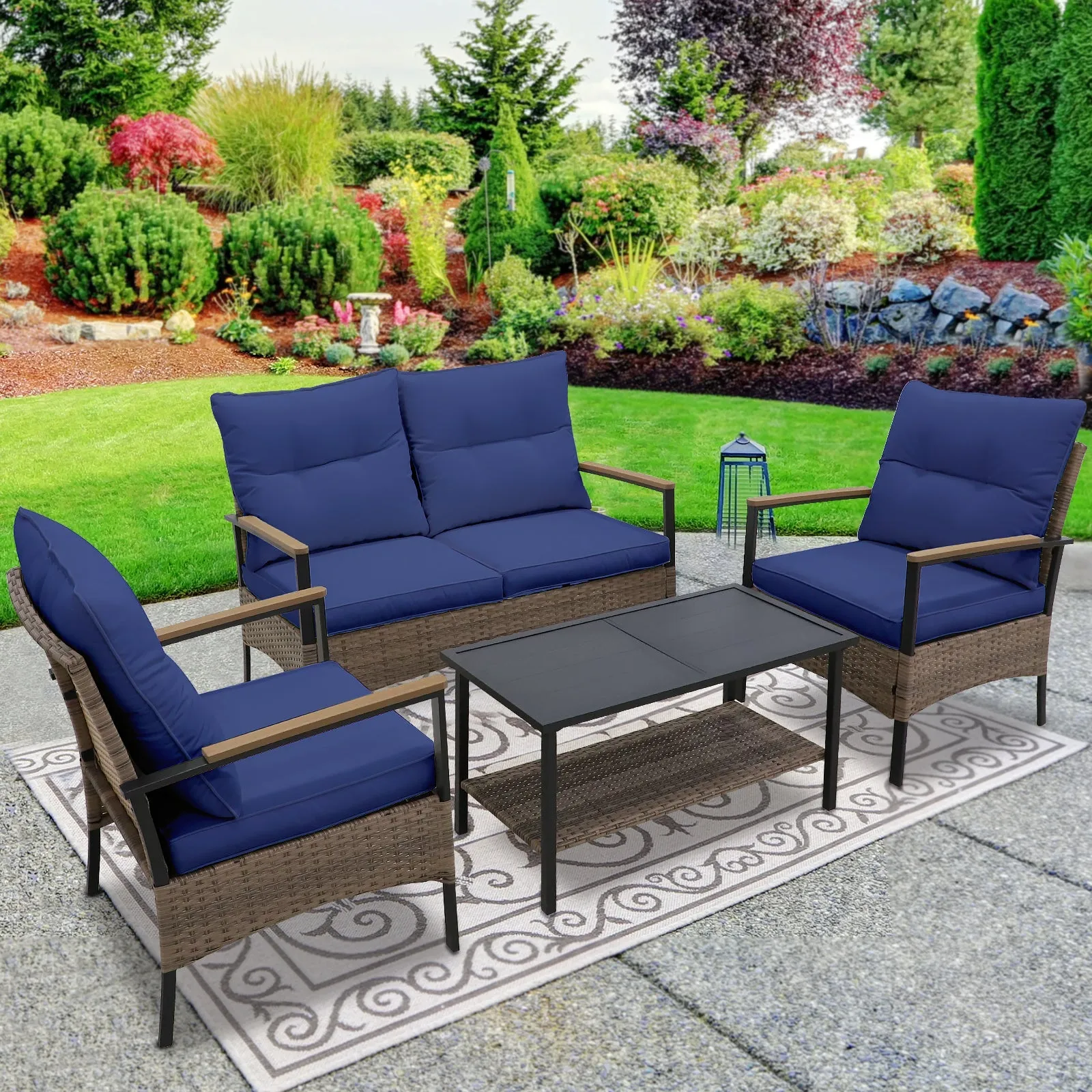 4 PCS Mojave Dusk Patio Wicker Furniture, Loveseat, 2 Patio Chairs and Coffee Table, Brown/Beige