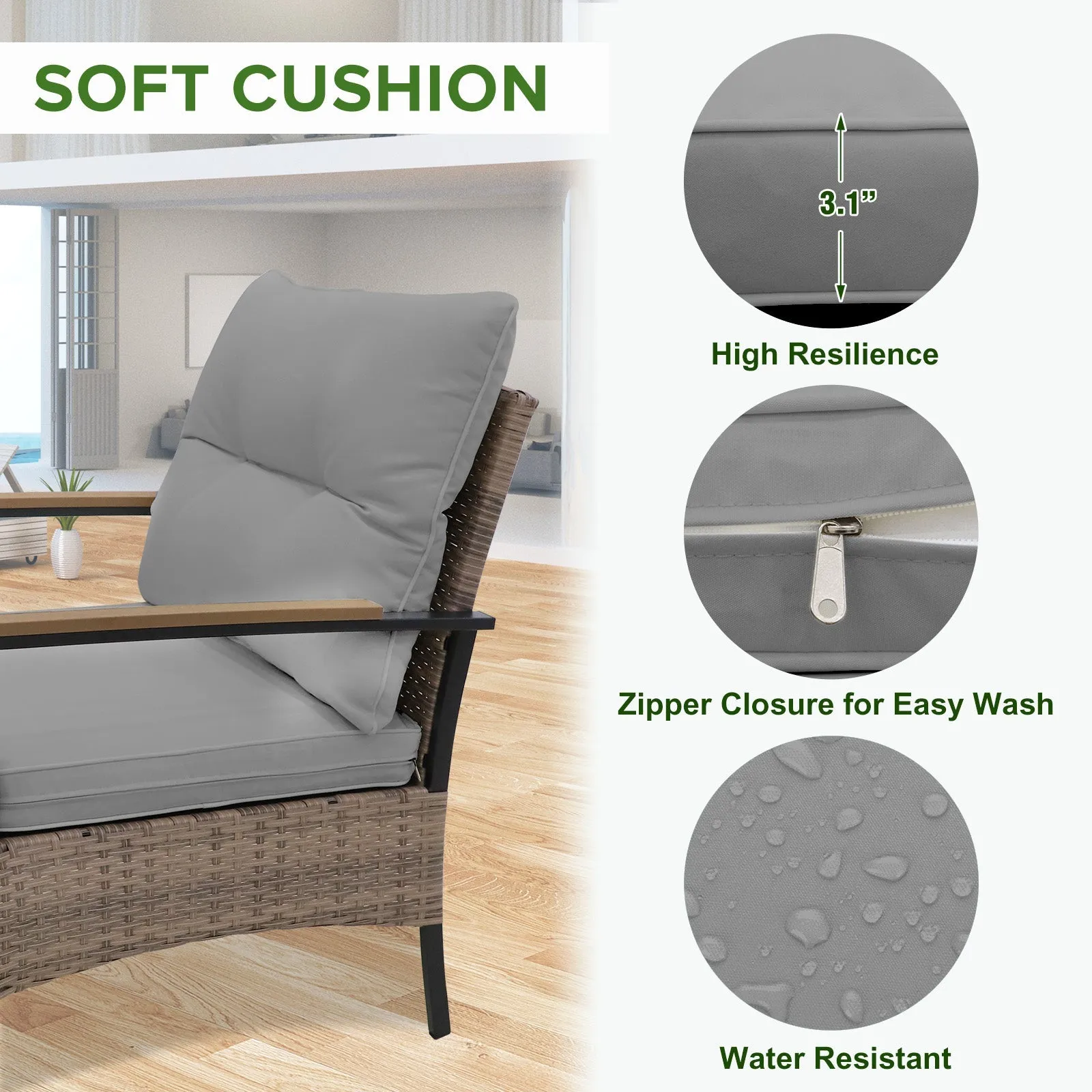 4 PCS Mojave Dusk Patio Wicker Furniture, Loveseat, 2 Patio Chairs and Coffee Table, Brown/Beige