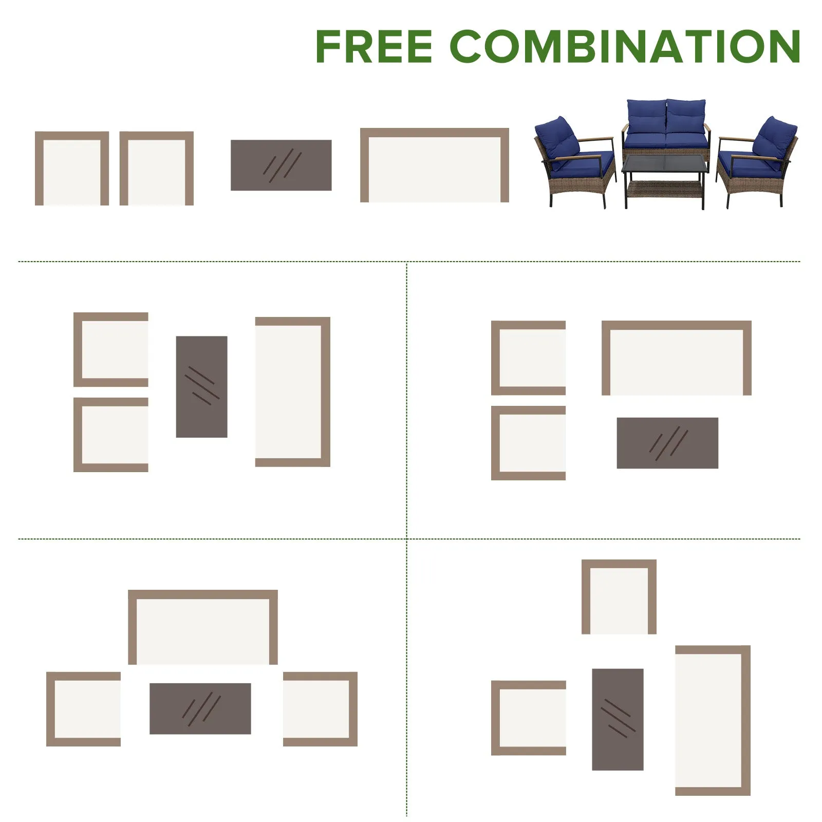 4 PCS Mojave Dusk Patio Wicker Furniture, Loveseat, 2 Patio Chairs and Coffee Table, Brown/Beige