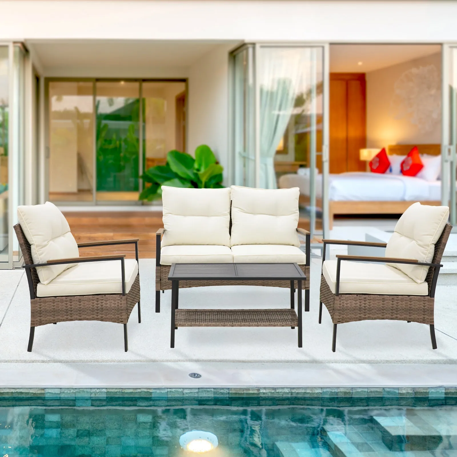 4 PCS Mojave Dusk Patio Wicker Furniture, Loveseat, 2 Patio Chairs and Coffee Table, Brown/Beige