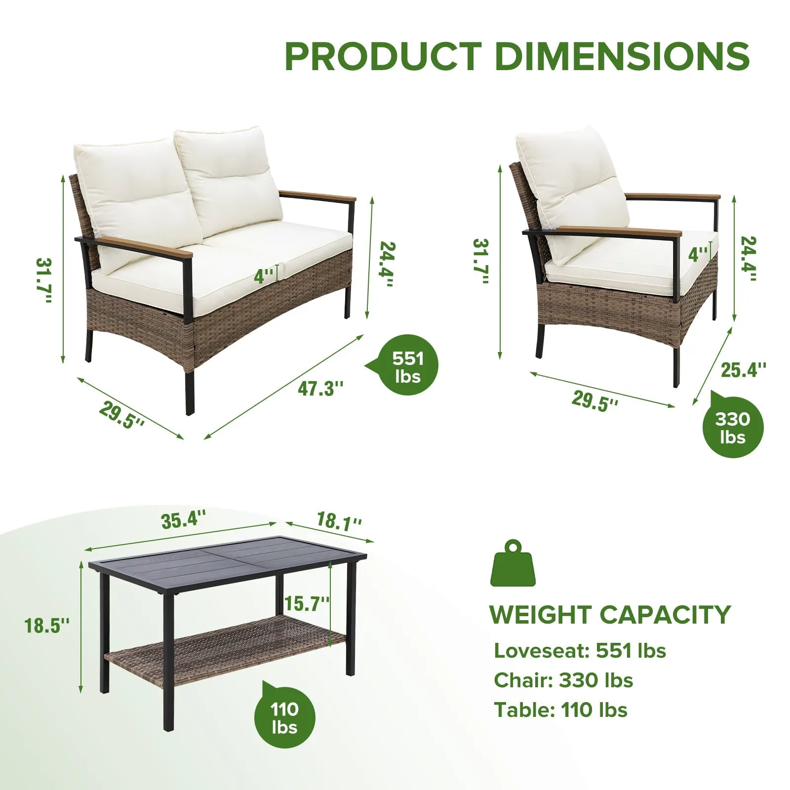 4 PCS Mojave Dusk Patio Wicker Furniture, Loveseat, 2 Patio Chairs and Coffee Table, Brown/Beige