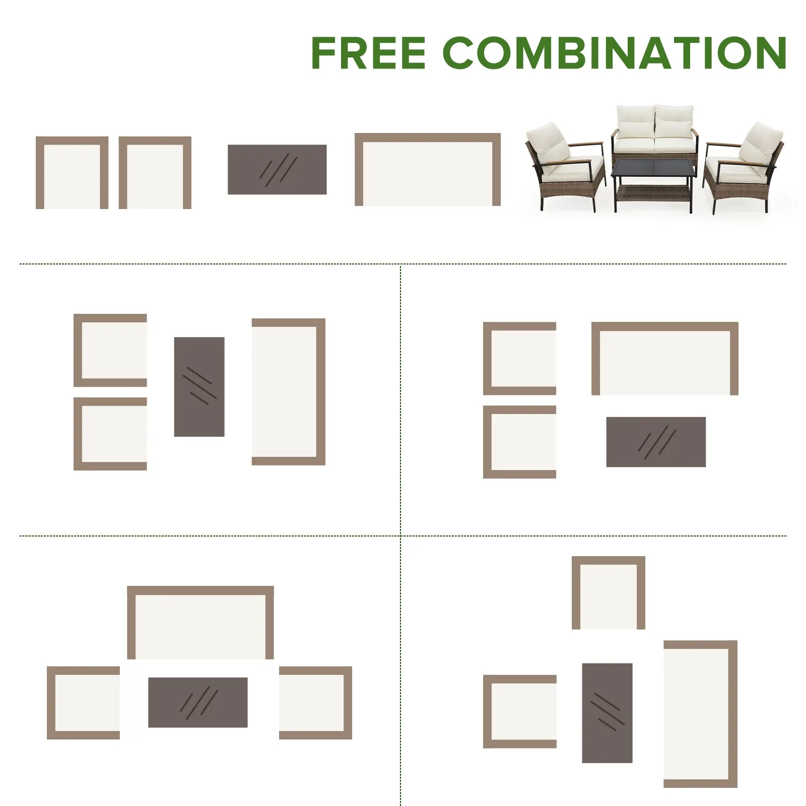 4 PCS Mojave Dusk Patio Wicker Furniture, Loveseat, 2 Patio Chairs and Coffee Table, Brown/Beige