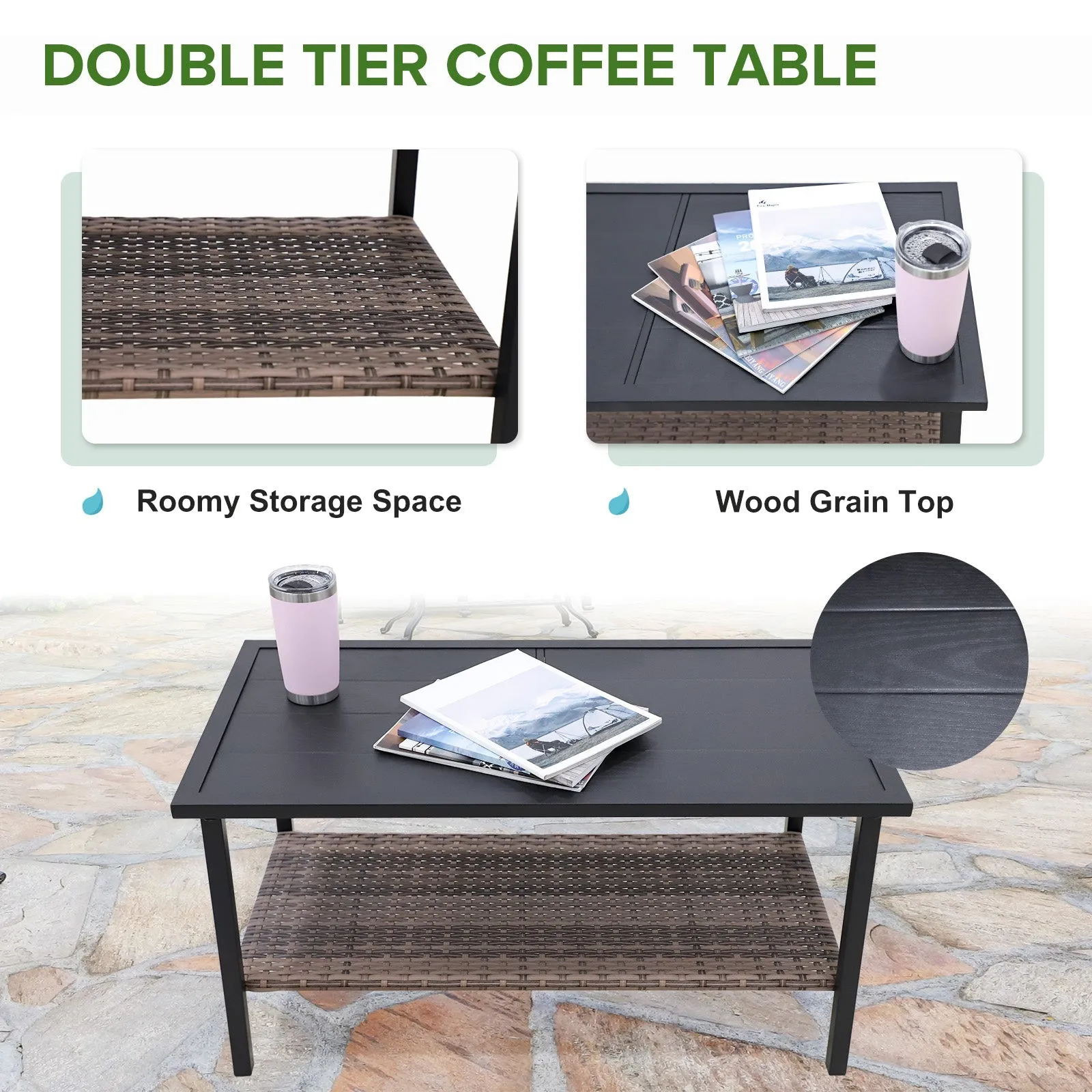 4 PCS Mojave Dusk Patio Wicker Furniture, Loveseat, 2 Patio Chairs and Coffee Table, Brown/Beige