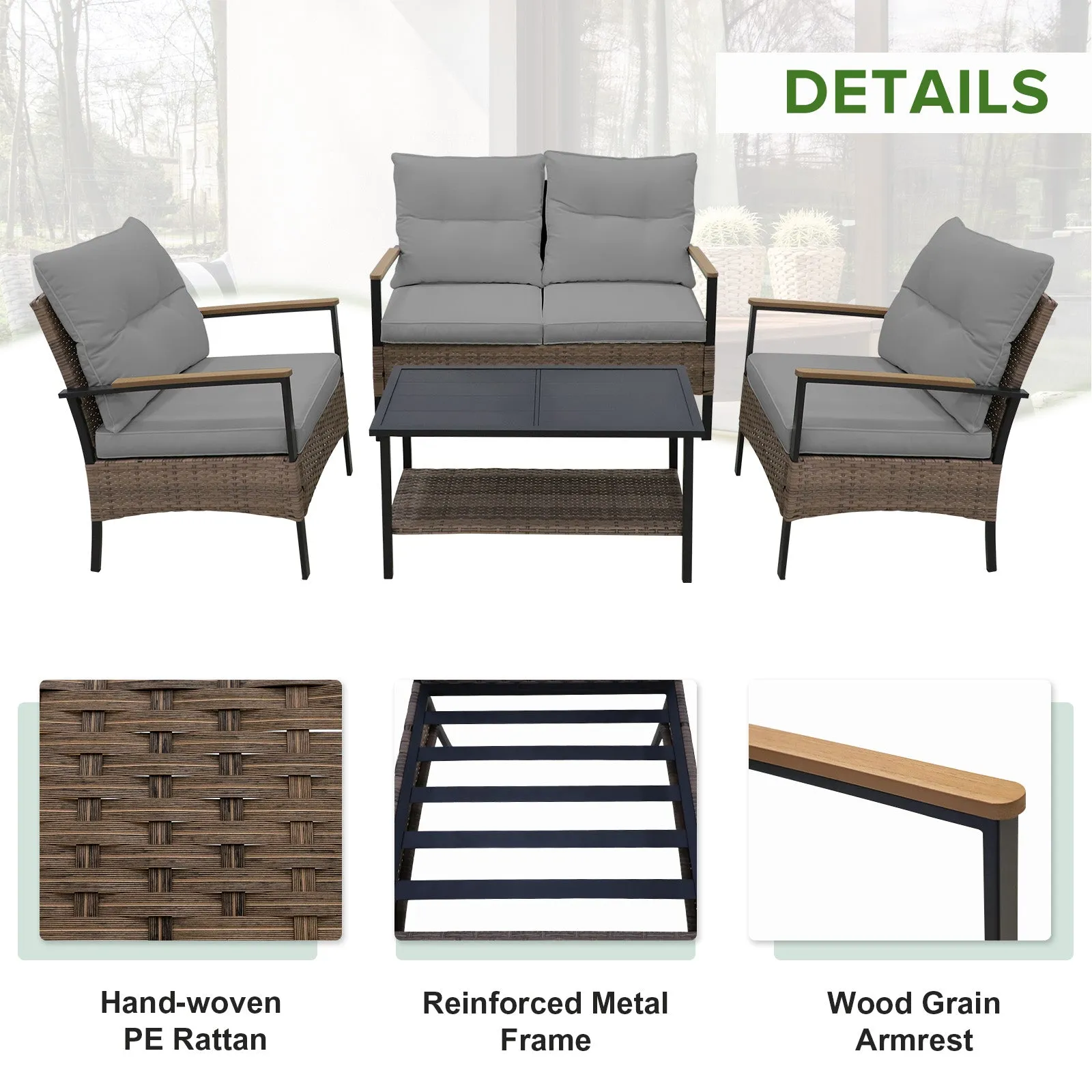 4 PCS Mojave Dusk Patio Wicker Furniture, Loveseat, 2 Patio Chairs and Coffee Table, Brown/Beige