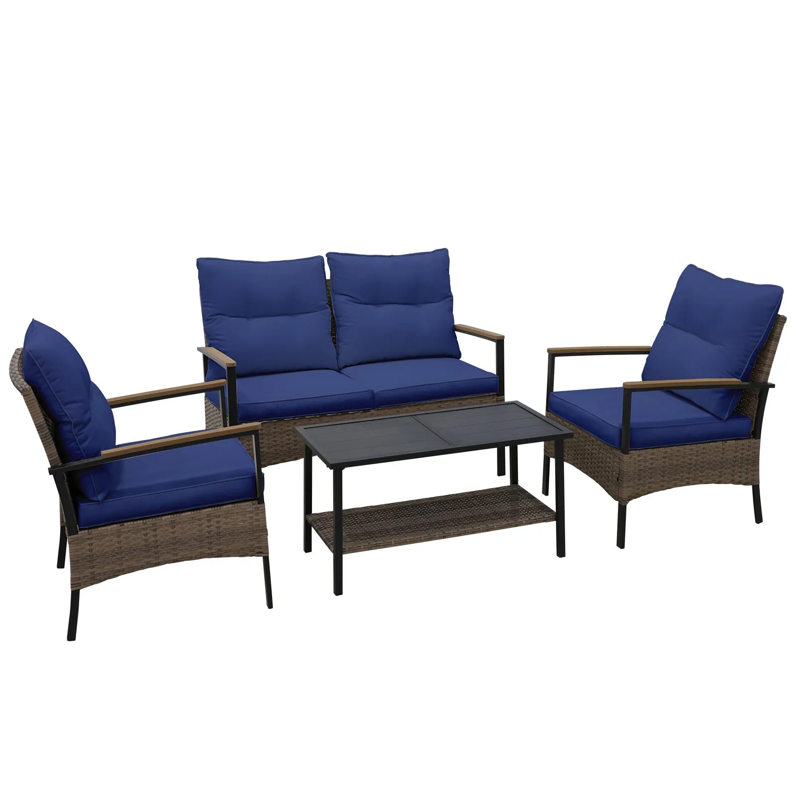4 PCS Mojave Dusk Patio Wicker Furniture, Loveseat, 2 Patio Chairs and Coffee Table, Brown/Beige