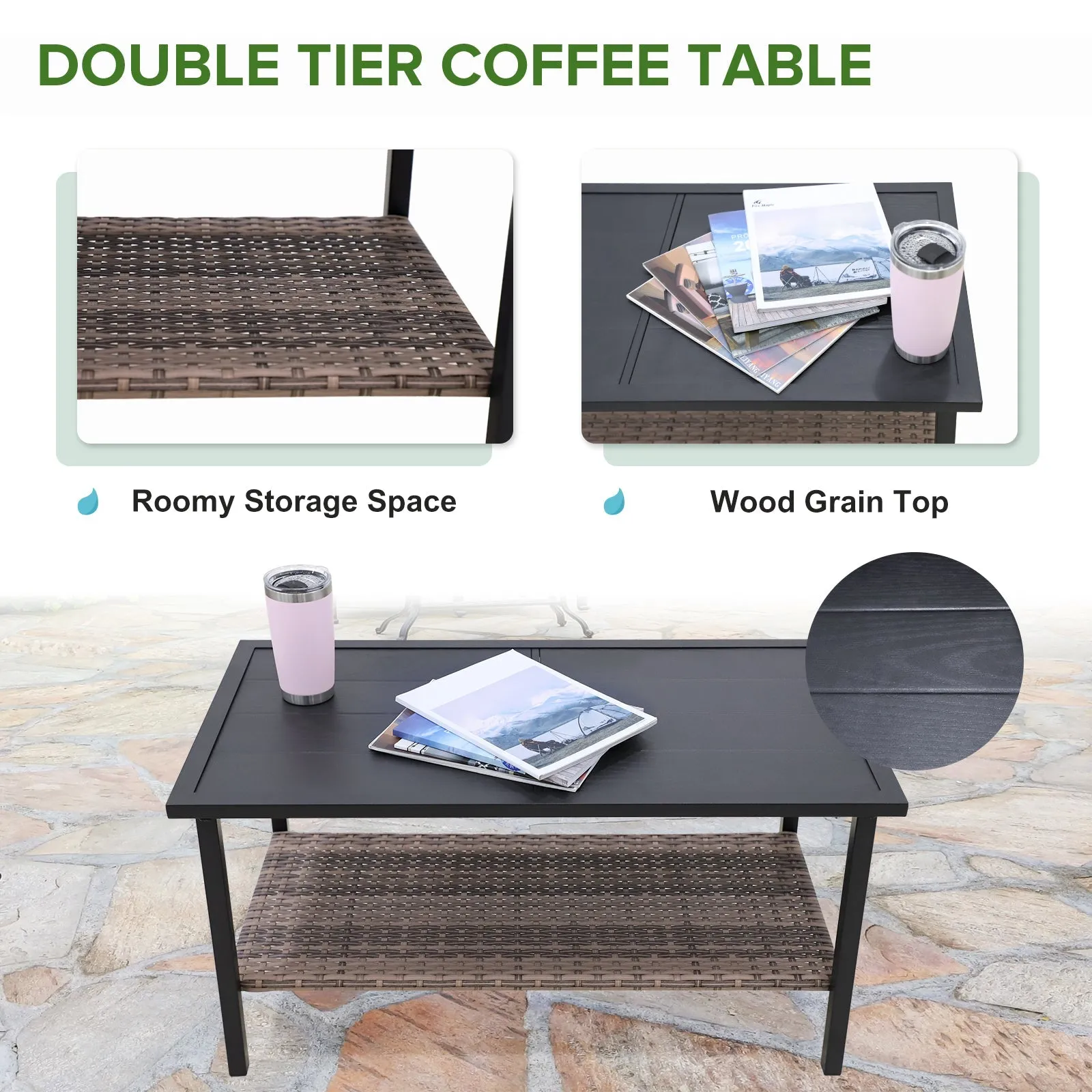 4 PCS Mojave Dusk Patio Wicker Furniture, Loveseat, 2 Patio Chairs and Coffee Table, Brown/Beige