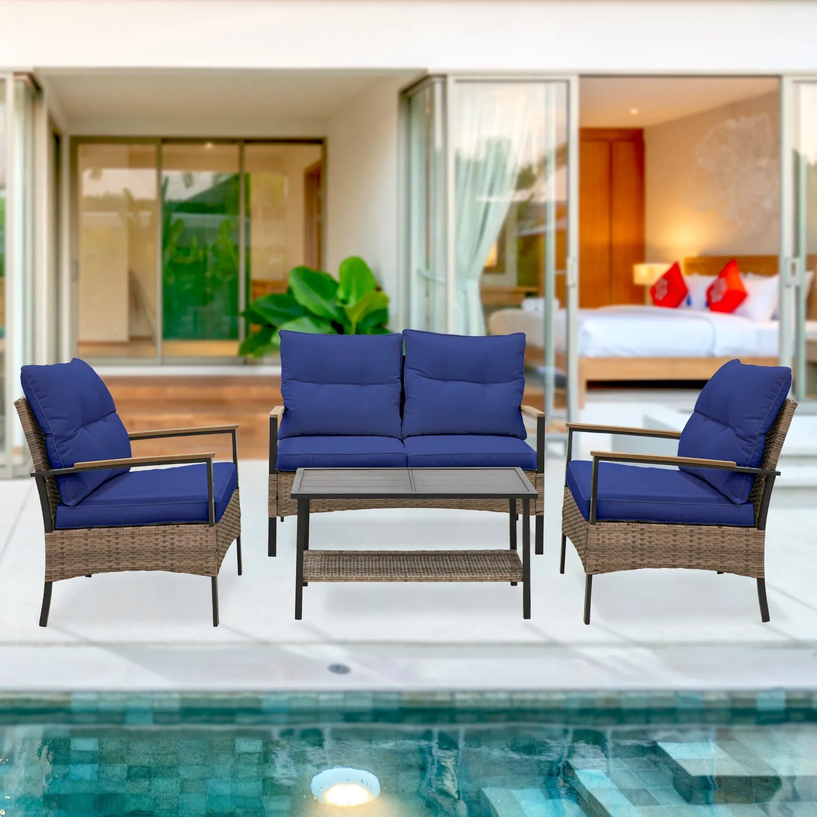 4 PCS Mojave Dusk Patio Wicker Furniture, Loveseat, 2 Patio Chairs and Coffee Table, Brown/Beige