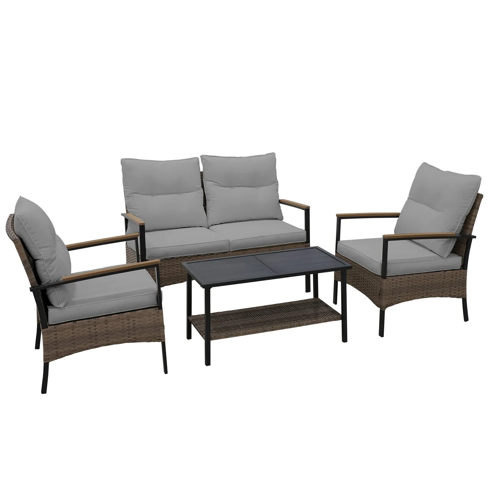 4 PCS Mojave Dusk Patio Wicker Furniture, Loveseat, 2 Patio Chairs and Coffee Table, Brown/Beige