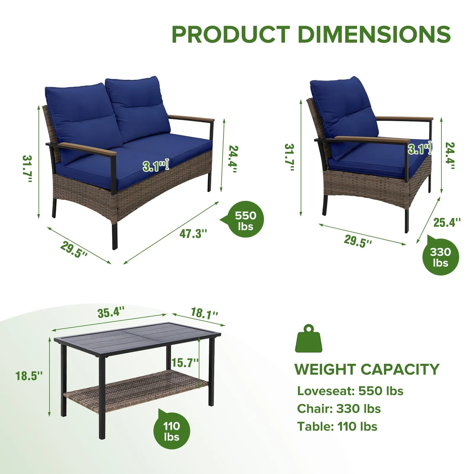 4 PCS Mojave Dusk Patio Wicker Furniture, Loveseat, 2 Patio Chairs and Coffee Table, Brown/Beige