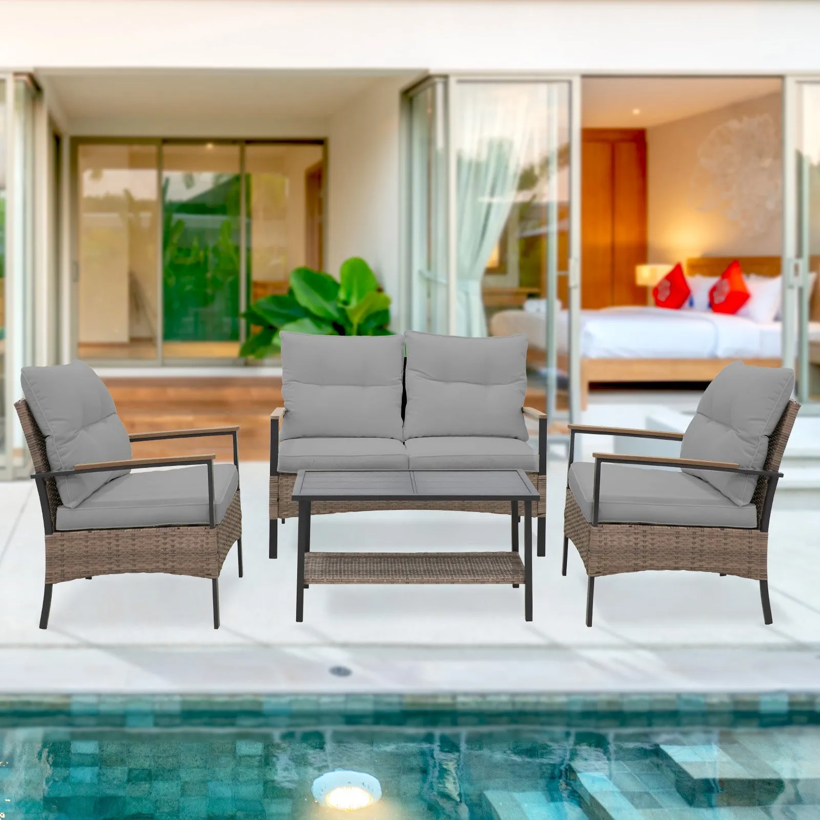 4 PCS Mojave Dusk Patio Wicker Furniture, Loveseat, 2 Patio Chairs and Coffee Table, Brown/Beige