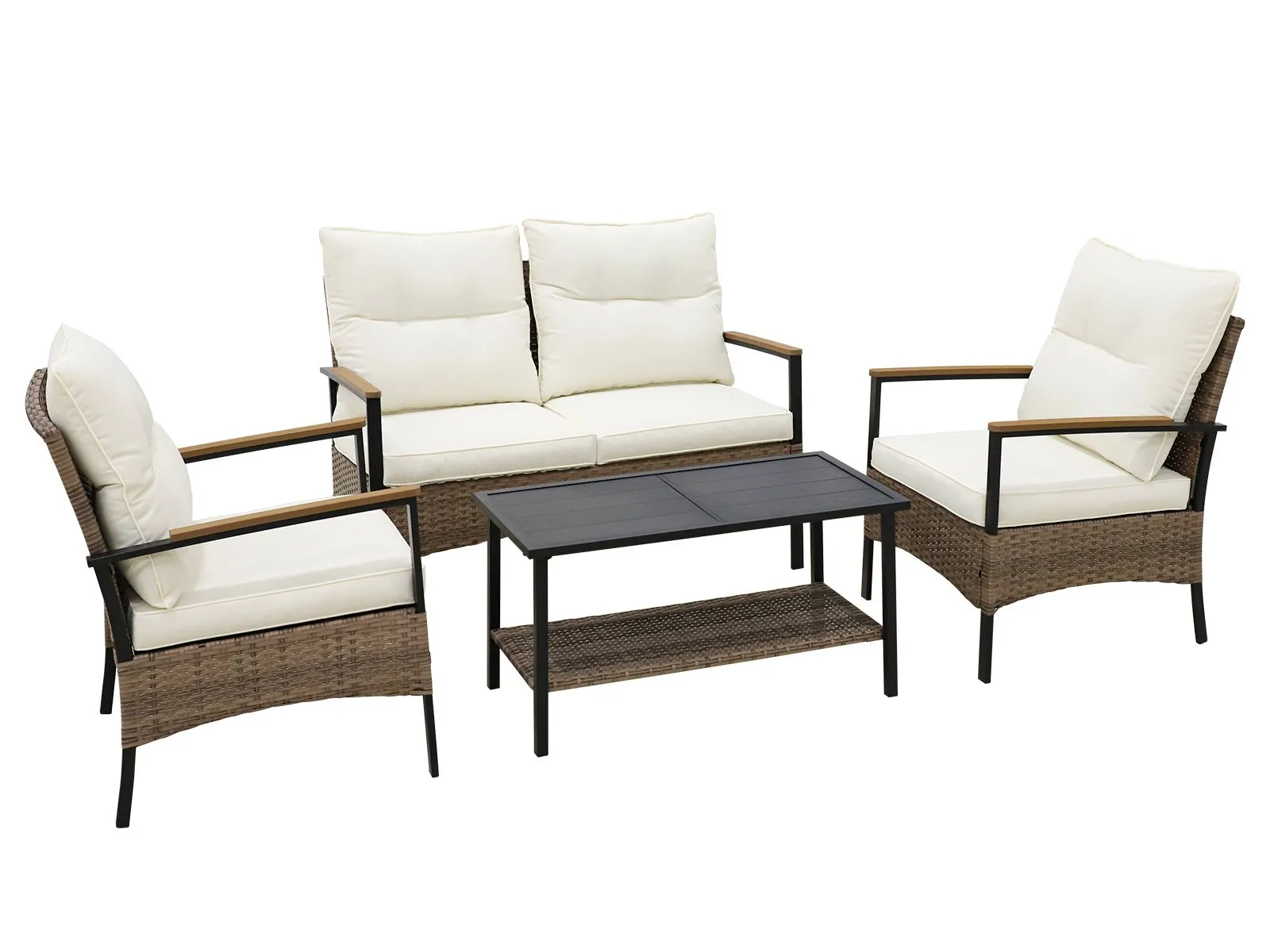 4 PCS Mojave Dusk Patio Wicker Furniture, Loveseat, 2 Patio Chairs and Coffee Table, Brown/Beige