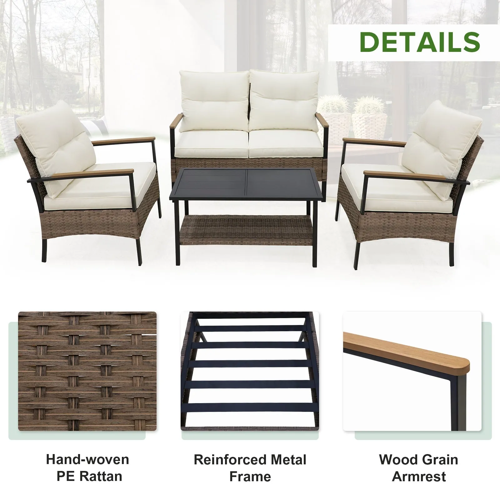4 PCS Mojave Dusk Patio Wicker Furniture, Loveseat, 2 Patio Chairs and Coffee Table, Brown/Beige