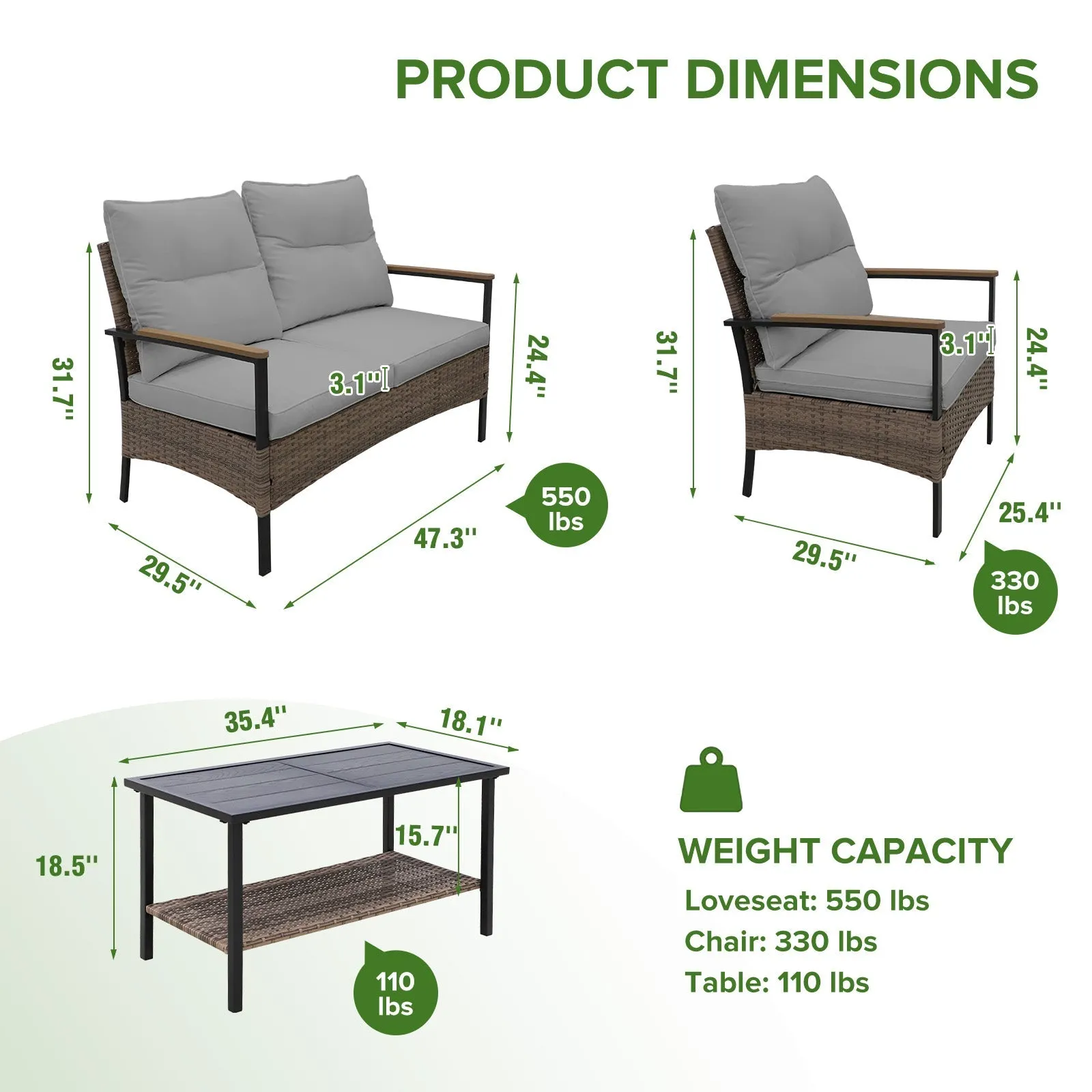 4 PCS Mojave Dusk Patio Wicker Furniture, Loveseat, 2 Patio Chairs and Coffee Table, Brown/Beige