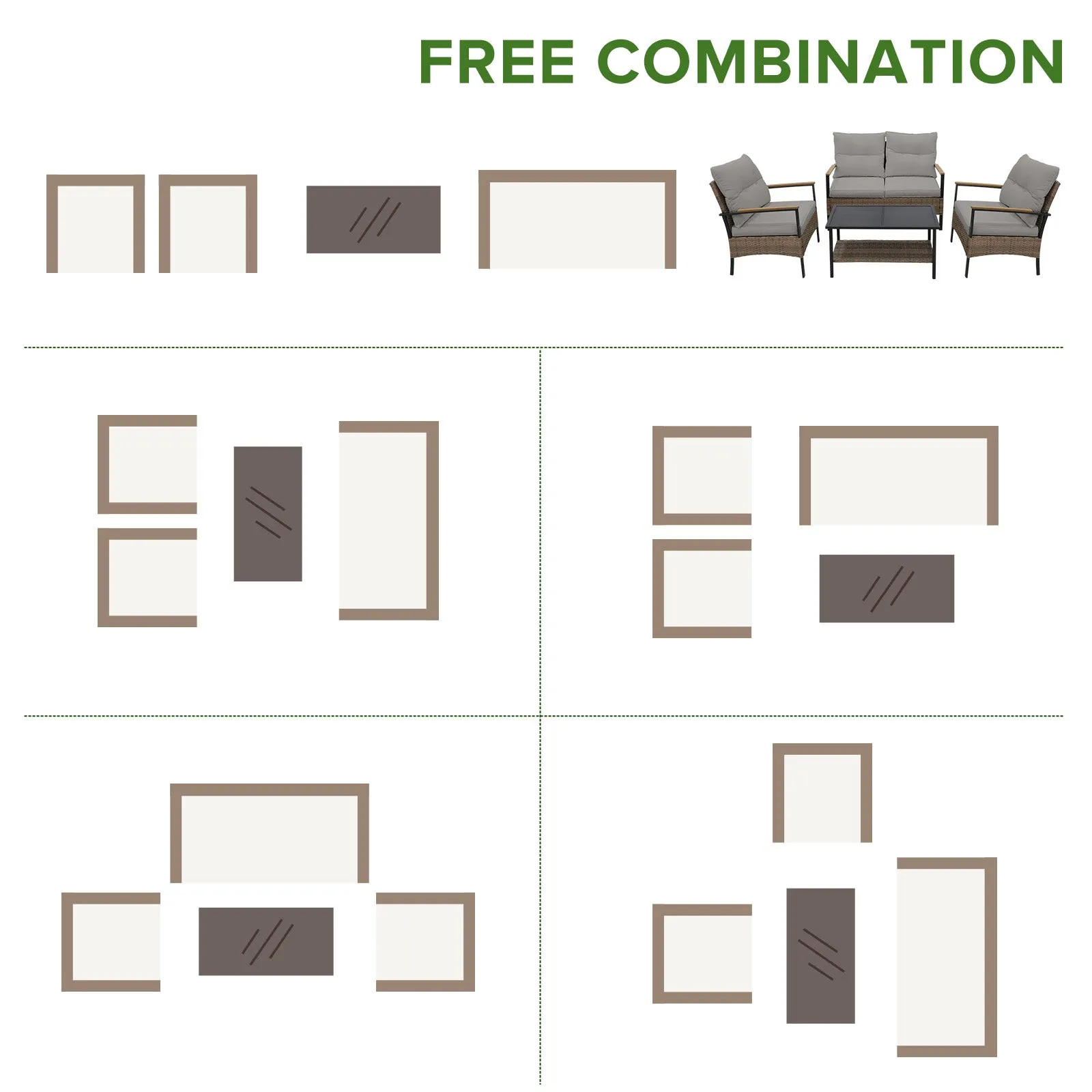 4 PCS Mojave Dusk Patio Wicker Furniture, Loveseat, 2 Patio Chairs and Coffee Table, Brown/Beige