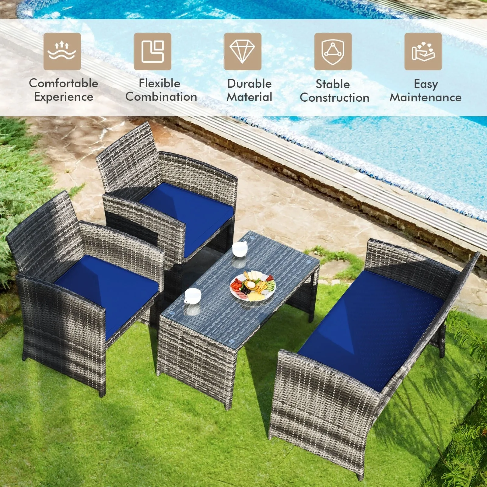 4pc Patio Rattan Furniture Set - Navy