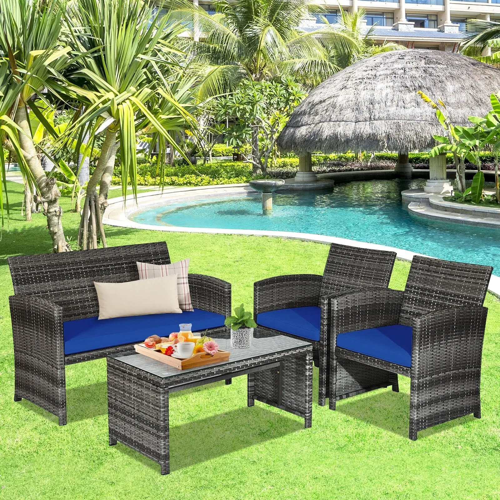 4pc Patio Rattan Furniture Set - Navy