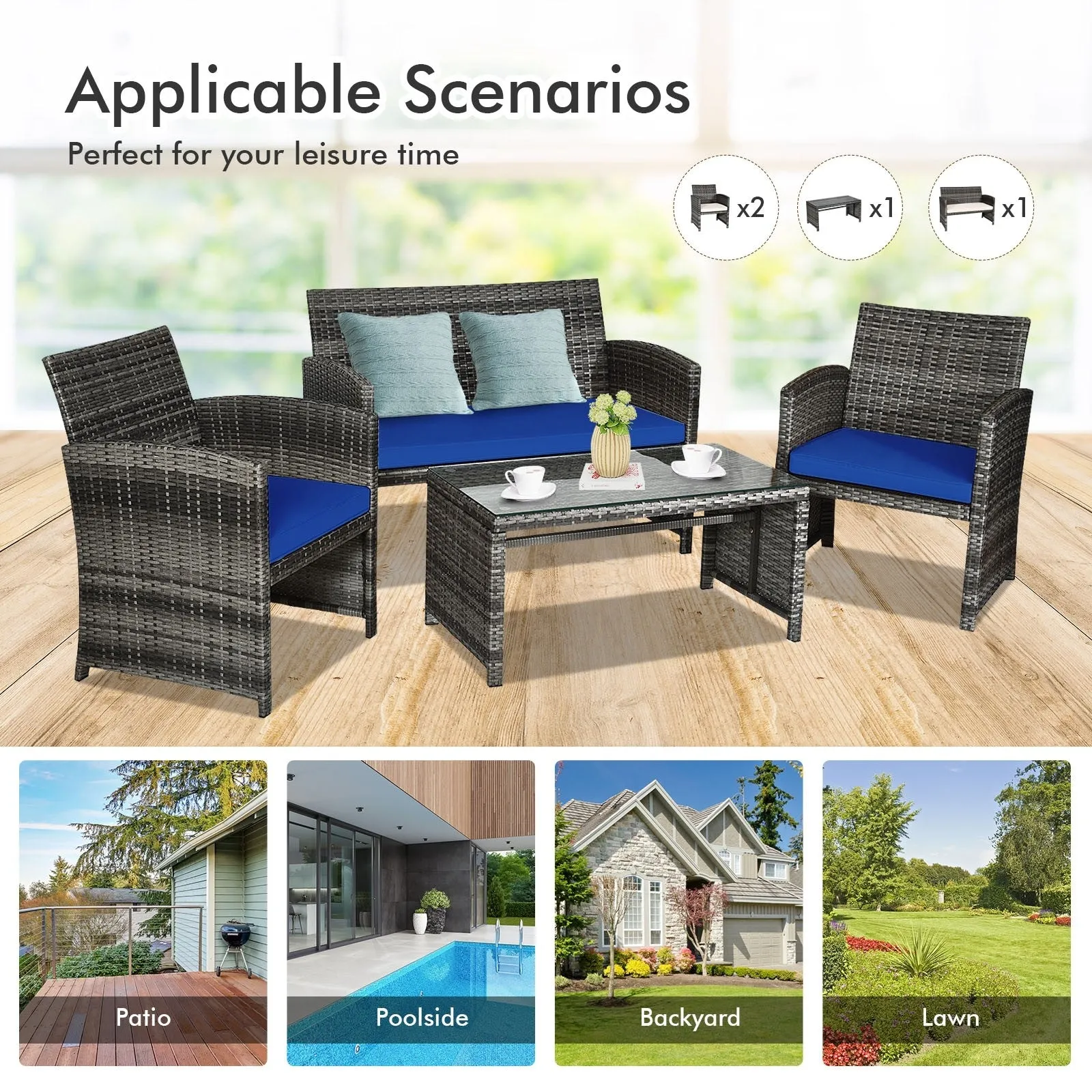 4pc Patio Rattan Furniture Set - Navy