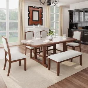 6-Piece Extendable Wood Dining Table Set, 60-78", Cherry Finish, Includes 4 Chairs, Bench - Seats 6