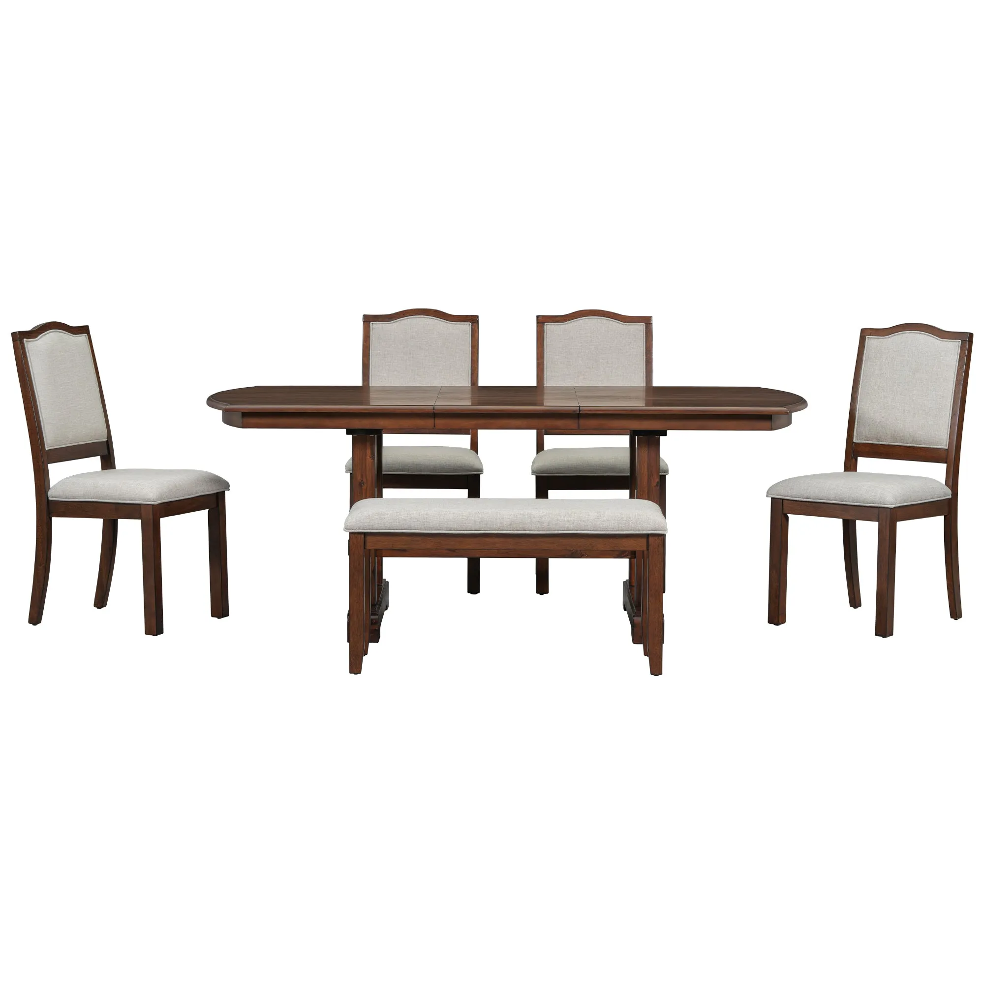 6-Piece Extendable Wood Dining Table Set, 60-78", Cherry Finish, Includes 4 Chairs, Bench - Seats 6