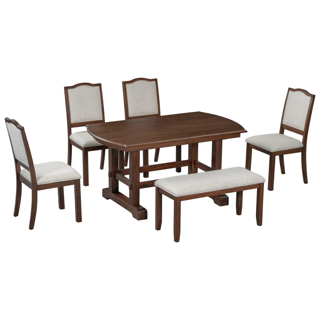 6-Piece Extendable Wood Dining Table Set, 60-78", Cherry Finish, Includes 4 Chairs, Bench - Seats 6
