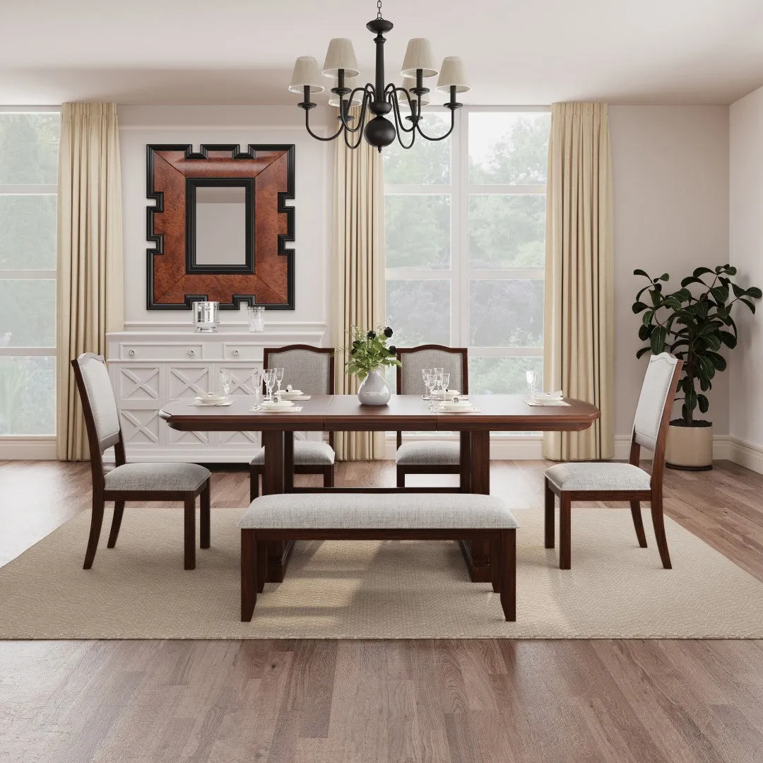 6-Piece Extendable Wood Dining Table Set, 60-78", Cherry Finish, Includes 4 Chairs, Bench - Seats 6