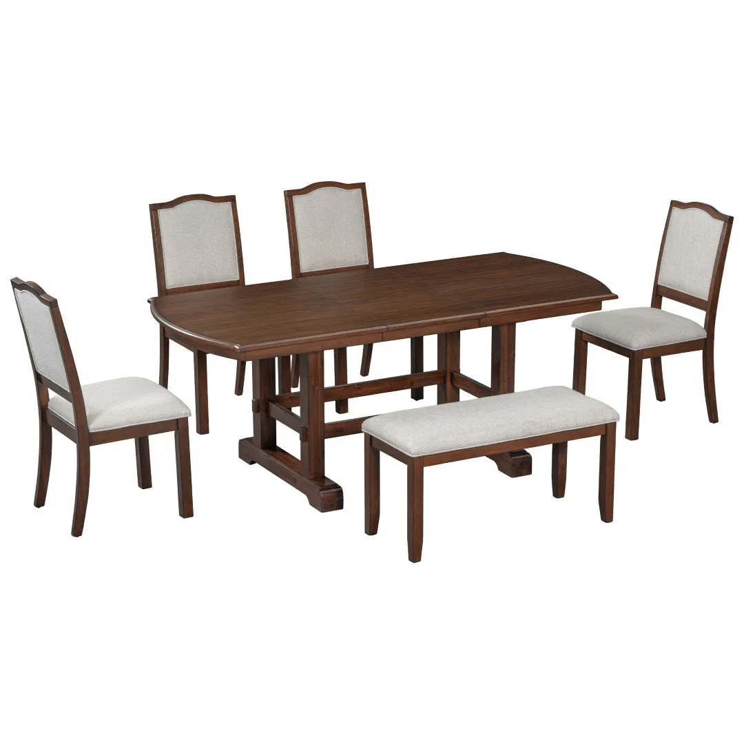 6-Piece Extendable Wood Dining Table Set, 60-78", Cherry Finish, Includes 4 Chairs, Bench - Seats 6