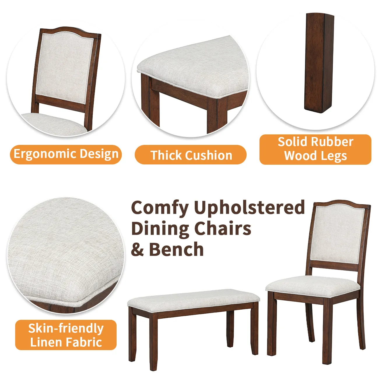 6-Piece Extendable Wood Dining Table Set, 60-78", Cherry Finish, Includes 4 Chairs, Bench - Seats 6