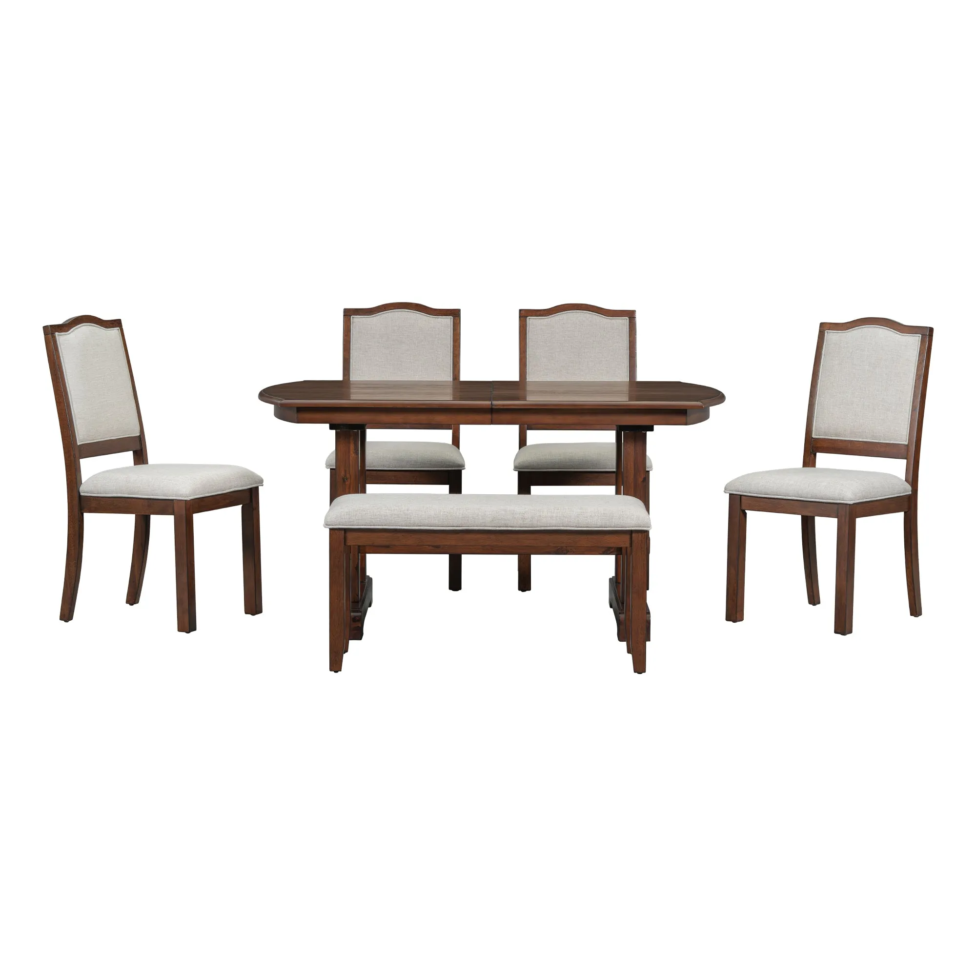 6-Piece Extendable Wood Dining Table Set, 60-78", Cherry Finish, Includes 4 Chairs, Bench - Seats 6
