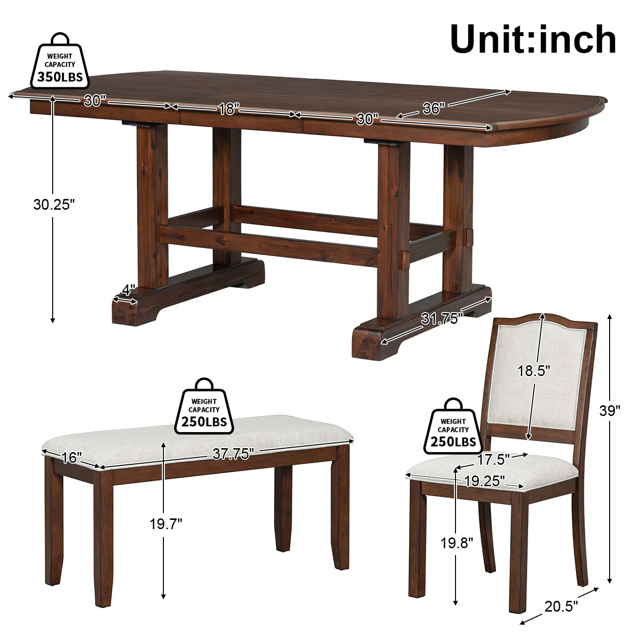 6-Piece Extendable Wood Dining Table Set, 60-78", Cherry Finish, Includes 4 Chairs, Bench - Seats 6