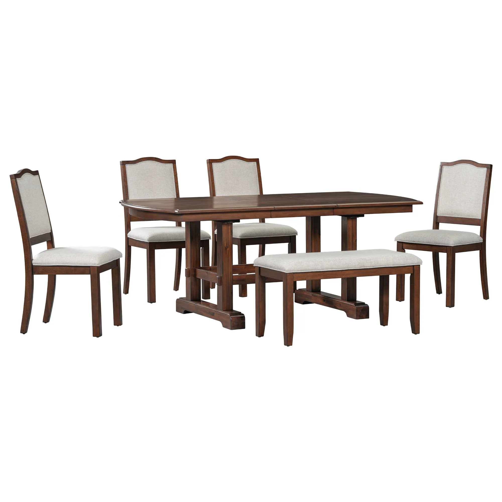 6-Piece Extendable Wood Dining Table Set, 60-78", Cherry Finish, Includes 4 Chairs, Bench - Seats 6