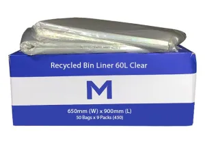 60L Clear Recycled Bin Liners x 450's pack (650mm x 900mm x 30mu)
