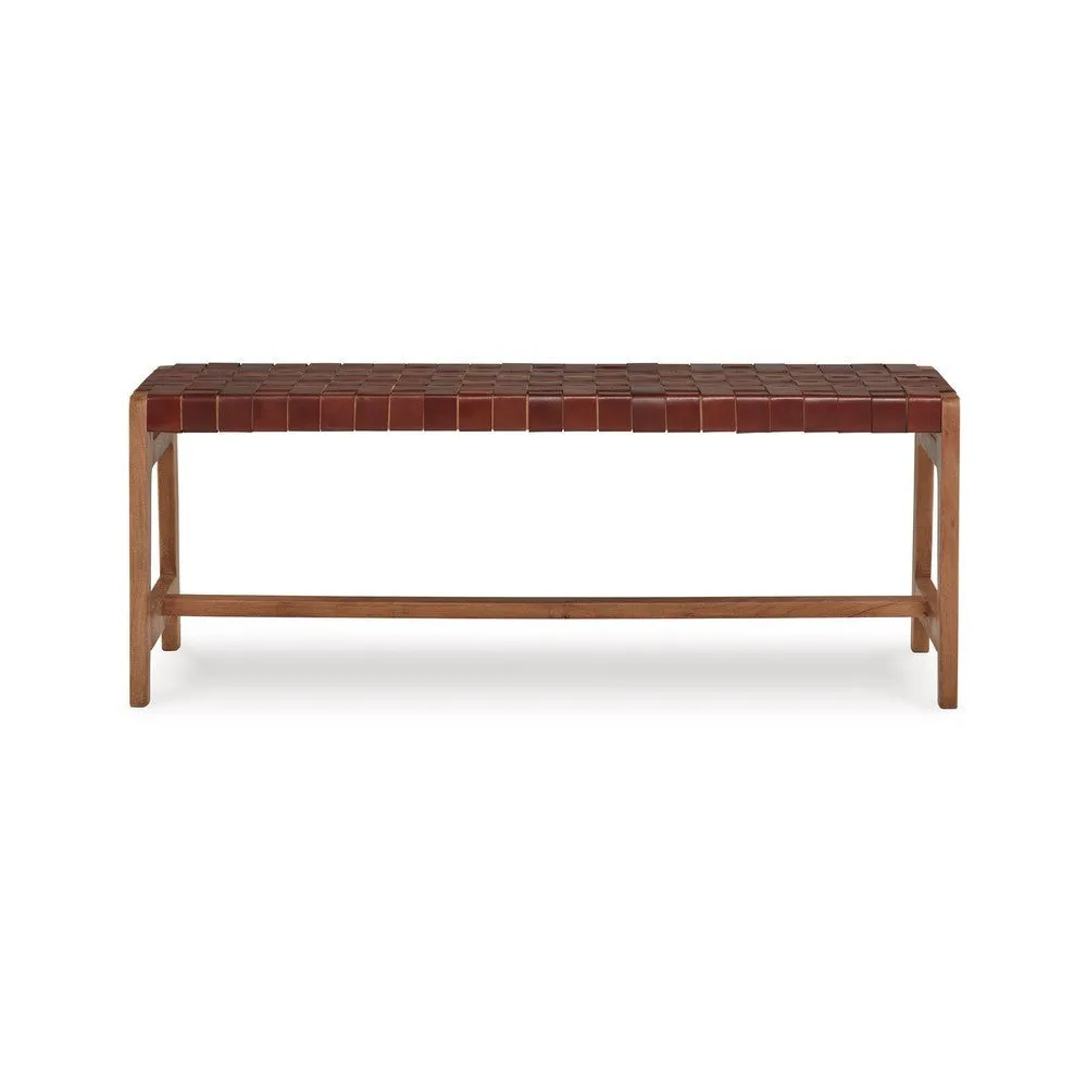 Accent Bench, 48 Inch, Basket Weave Pattern, Brown Faux Leather, Solid Wood By Casagear Home