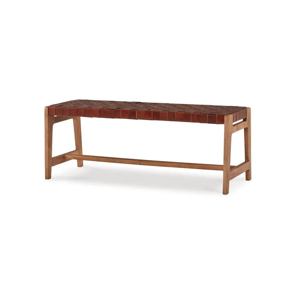 Accent Bench, 48 Inch, Basket Weave Pattern, Brown Faux Leather, Solid Wood By Casagear Home